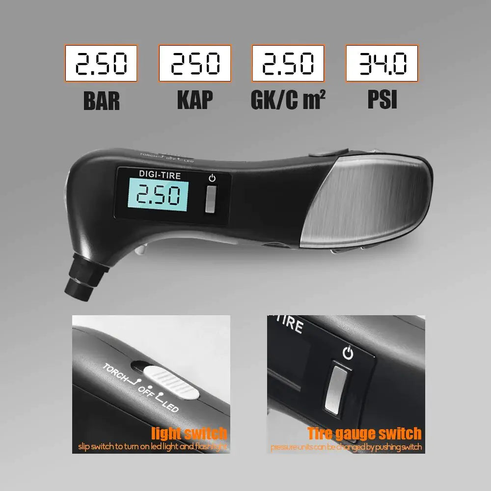 9 in 1 Digital Tire Pressure Alarm Gauge Multifunctional Tyre Pressure Sensor Tpms Systems w LED Flashlight Car Hammer