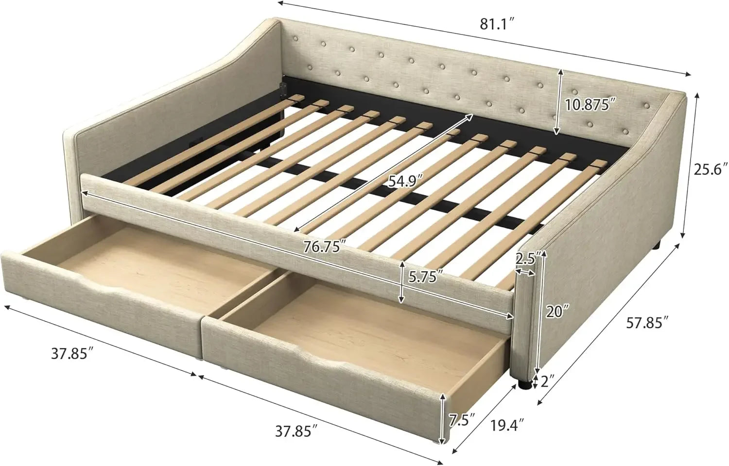 Full Size Daybed with Storage, Upholstered Day Bed Frame with 2 Drawers and Button Tufted Backrest,Wood Slat Support