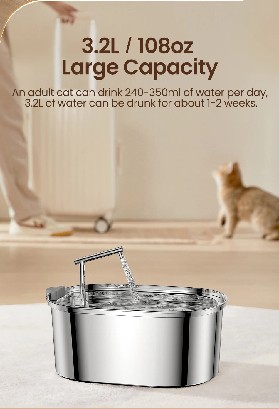 Stainless Steel Anti-Bacterial Water Fountain for Cats and Dogs