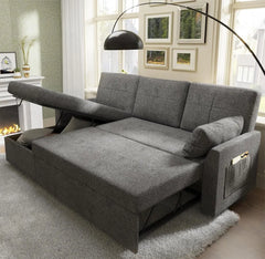 Storage Chaise for Living Room, Sofa Sleeper with Pull Out Bed, Grey Linen Couch