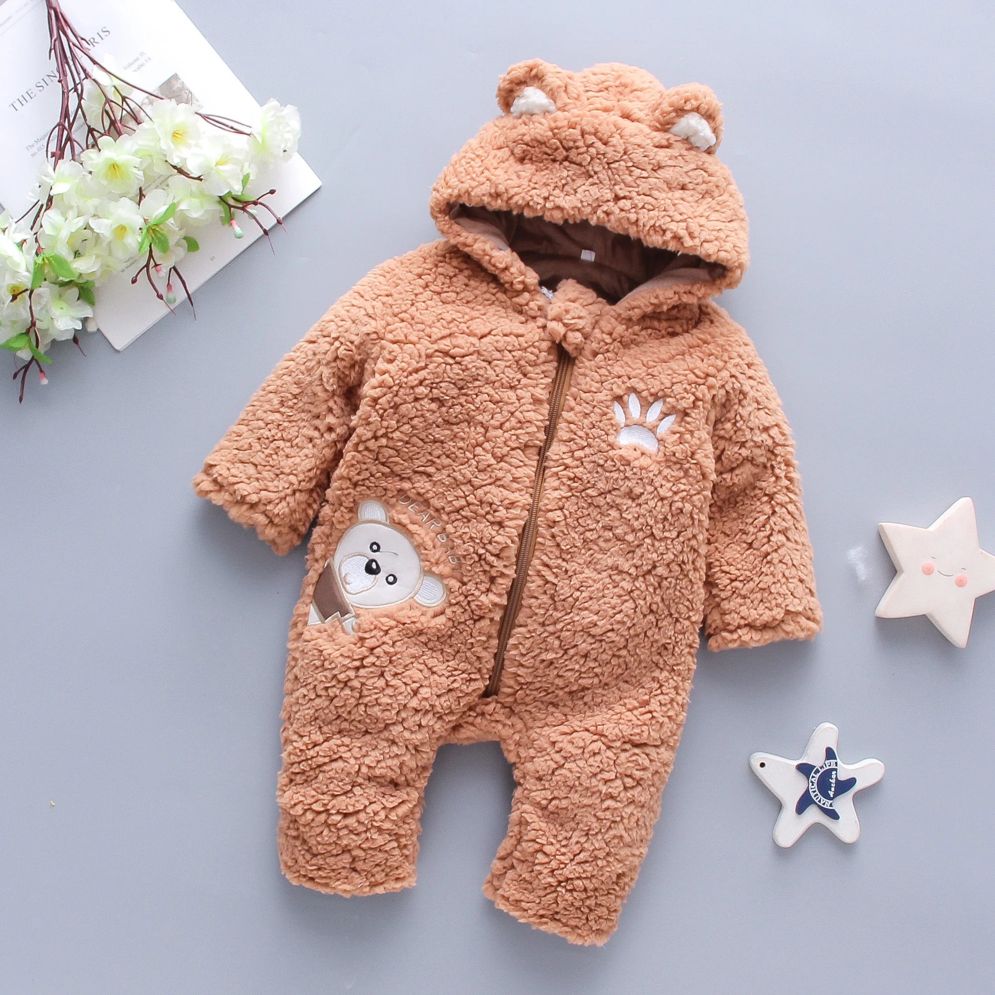 Lamb Hair Bear Embroidered Baby Jumpsuit – Winter Thickened Long Sleeves