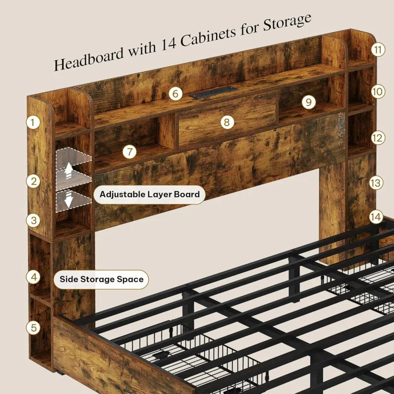 Queen Size Bookcase Headboard and 4 Drawers,RGB LED Bed Frame with USB Charging Station Storage