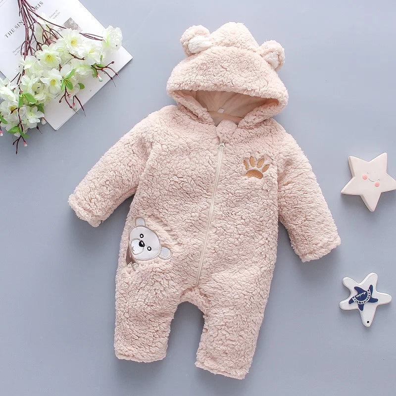 Lamb Hair Bear Embroidered Baby Jumpsuit – Winter Thickened Long Sleeves