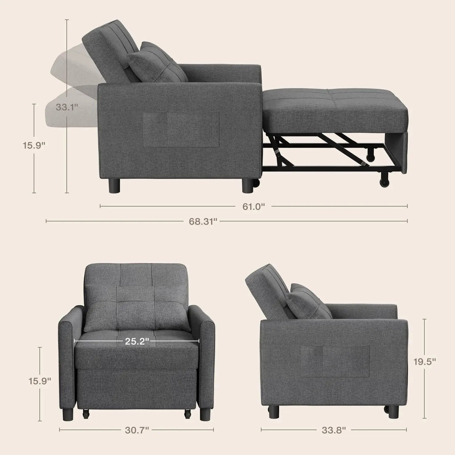 Sofa Bed, 3-in-1 Multi-Functional Adjustable Backrest Recliner