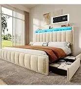 Queen Size Bookcase Headboard and 4 Drawers,RGB LED Bed Frame with USB Charging Station Storage