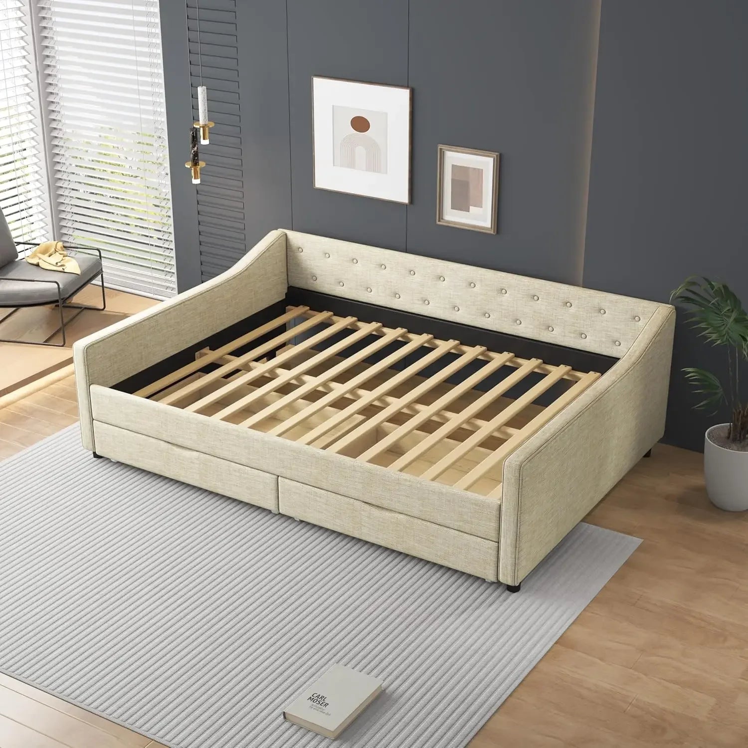 Full Size Daybed with Storage, Upholstered Day Bed Frame with 2 Drawers and Button Tufted Backrest,Wood Slat Support