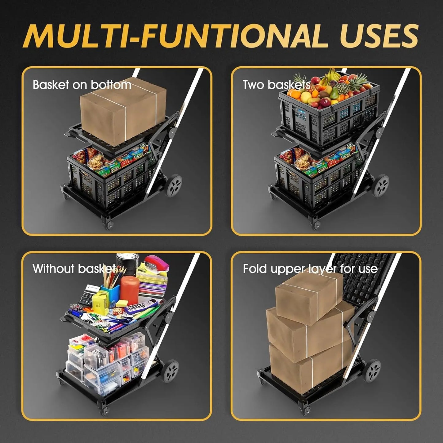 Collapsible 2-Tier Folding Shopping Cart with 2 Folding Basket