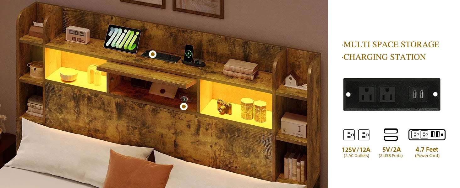 Queen Size Bookcase Headboard and 4 Drawers,RGB LED Bed Frame with USB Charging Station Storage