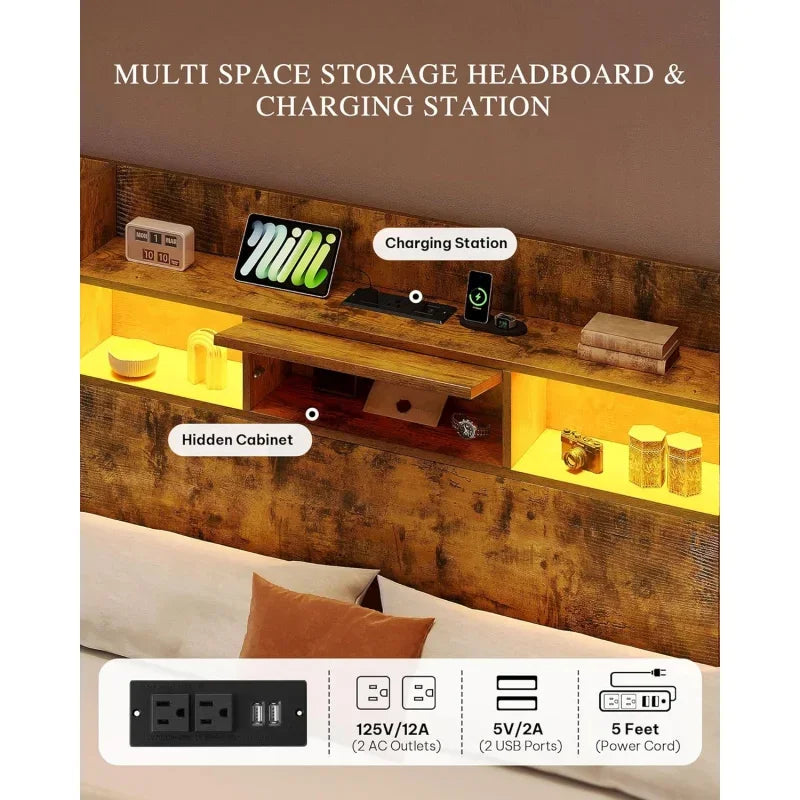 Queen Size Bookcase Headboard and 4 Drawers,RGB LED Bed Frame with USB Charging Station Storage