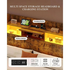 Queen Size Bookcase Headboard and 4 Drawers,RGB LED Bed Frame with USB Charging Station Storage