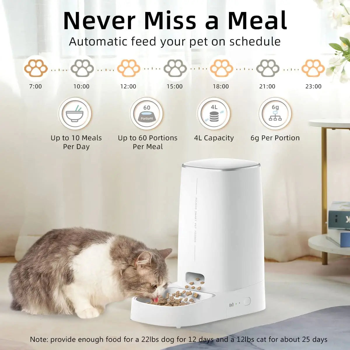 Smartphone Controlled Pet Feeder for Cats and Dogs with Large Capacity Timing Food Dispenser