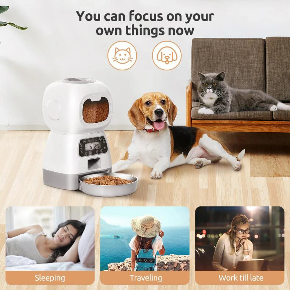 Smartphone Controlled Pet Feeder for Cats and Dogs with Voice Recorder and Large Capacity Timing Food Dispenser