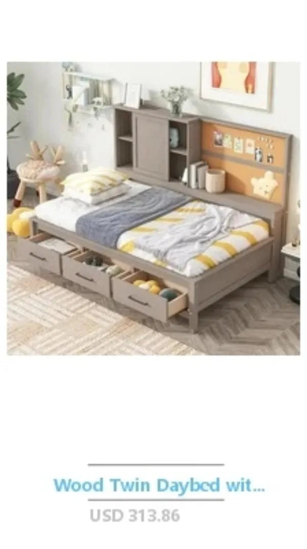 Trundle Twin Daybed Frame with Padded Back No Box Spring Needed (Gray)