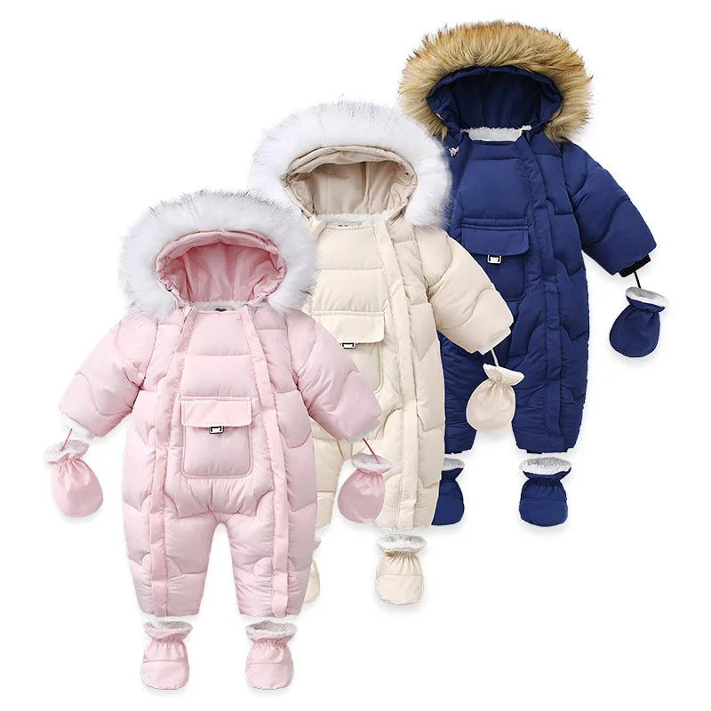 2024 Winter Baby Down Jumpsuit – Wool Hooded, Snowproof & Warm