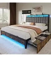 Queen Size Bookcase Headboard and 4 Drawers,RGB LED Bed Frame with USB Charging Station Storage