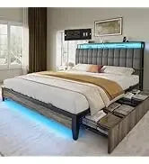 Queen Size Bookcase Headboard and 4 Drawers,RGB LED Bed Frame with USB Charging Station Storage