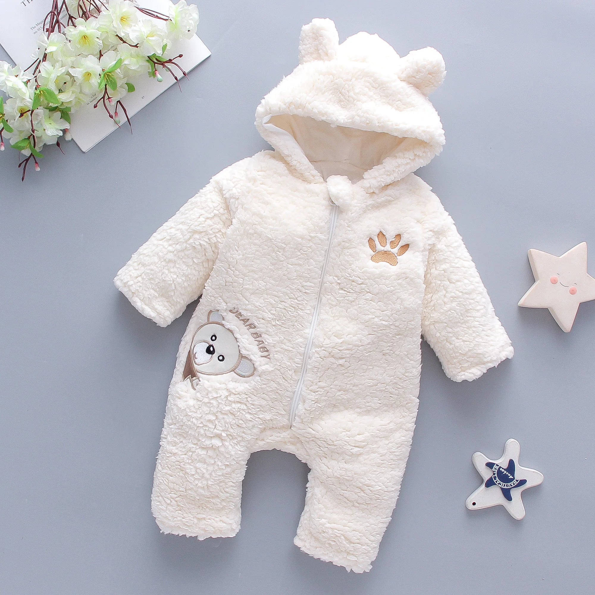 Lamb Hair Bear Embroidered Baby Jumpsuit – Winter Thickened Long Sleeves