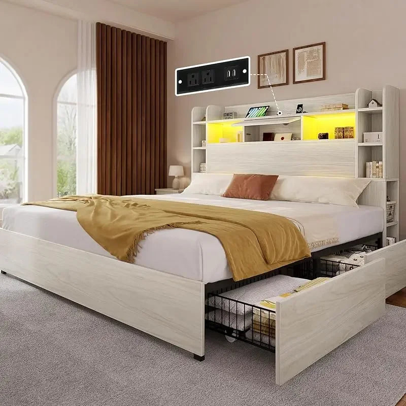 Queen Size Bookcase Headboard and 4 Drawers,RGB LED Bed Frame with USB Charging Station Storage