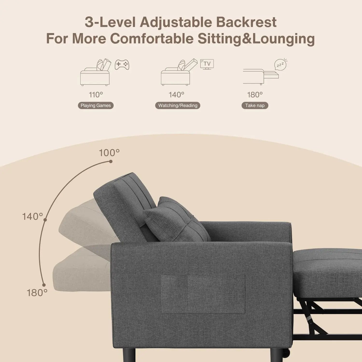 Sofa Bed, 3-in-1 Multi-Functional Adjustable Backrest Recliner