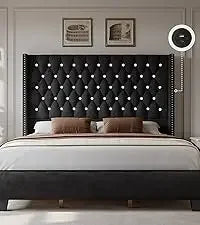 Queen Size Bookcase Headboard and 4 Drawers,RGB LED Bed Frame with USB Charging Station Storage