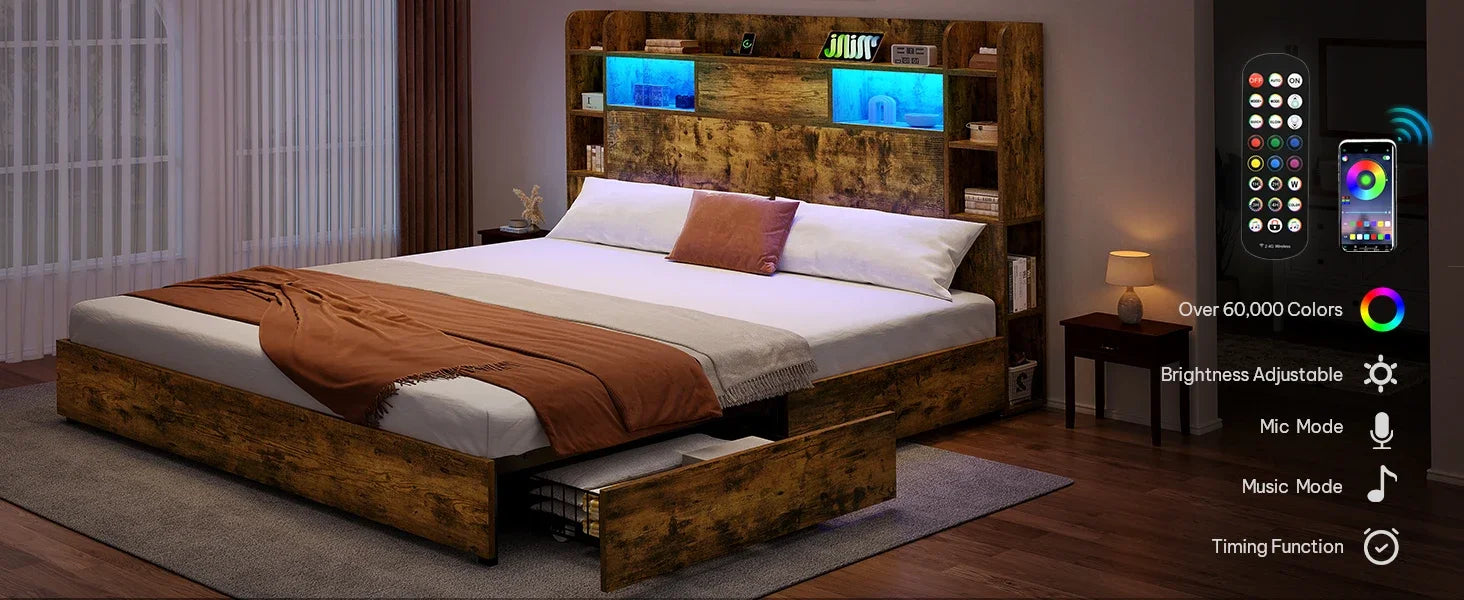 Queen Size Bookcase Headboard and 4 Drawers,RGB LED Bed Frame with USB Charging Station Storage