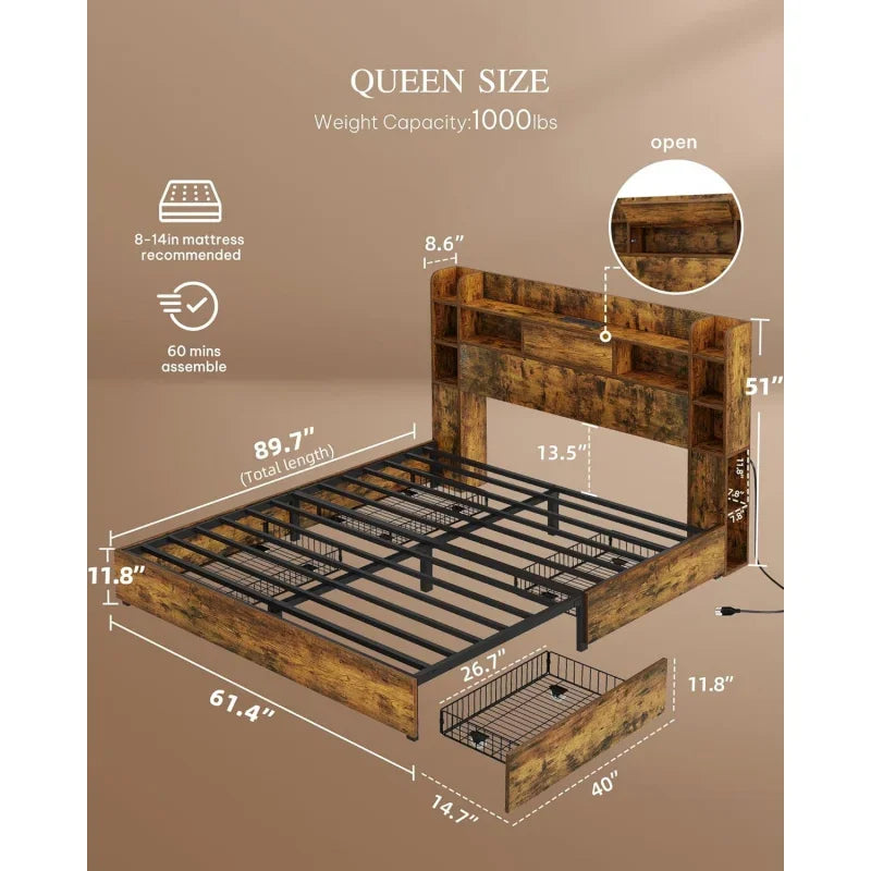 Queen Size Bookcase Headboard and 4 Drawers,RGB LED Bed Frame with USB Charging Station Storage