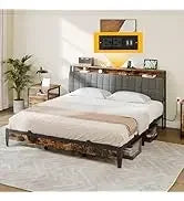 Queen Size Bookcase Headboard and 4 Drawers,RGB LED Bed Frame with USB Charging Station Storage