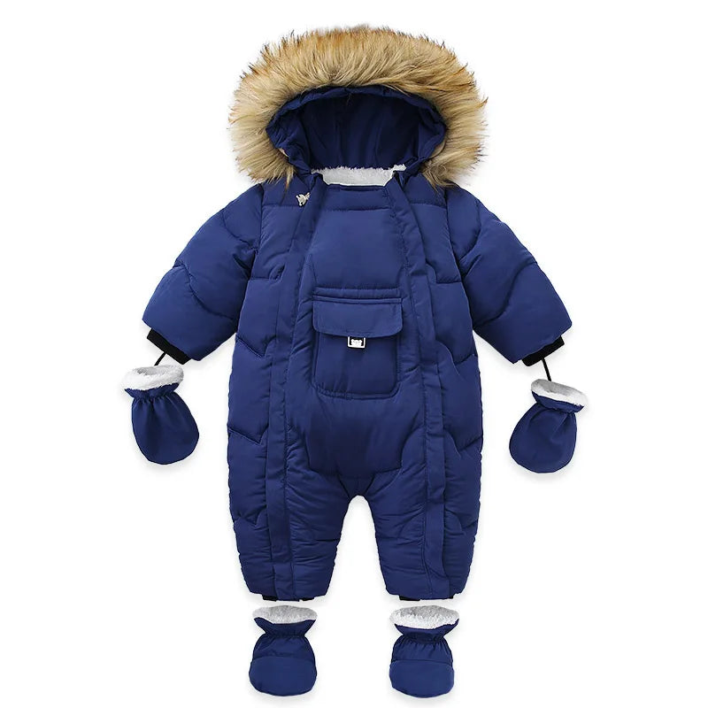 2024 Winter Baby Down Jumpsuit – Wool Hooded, Snowproof & Warm