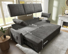 Storage Chaise for Living Room, Sofa Sleeper with Pull Out Bed, Grey Linen Couch