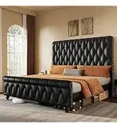 Queen Size Bookcase Headboard and 4 Drawers,RGB LED Bed Frame with USB Charging Station Storage