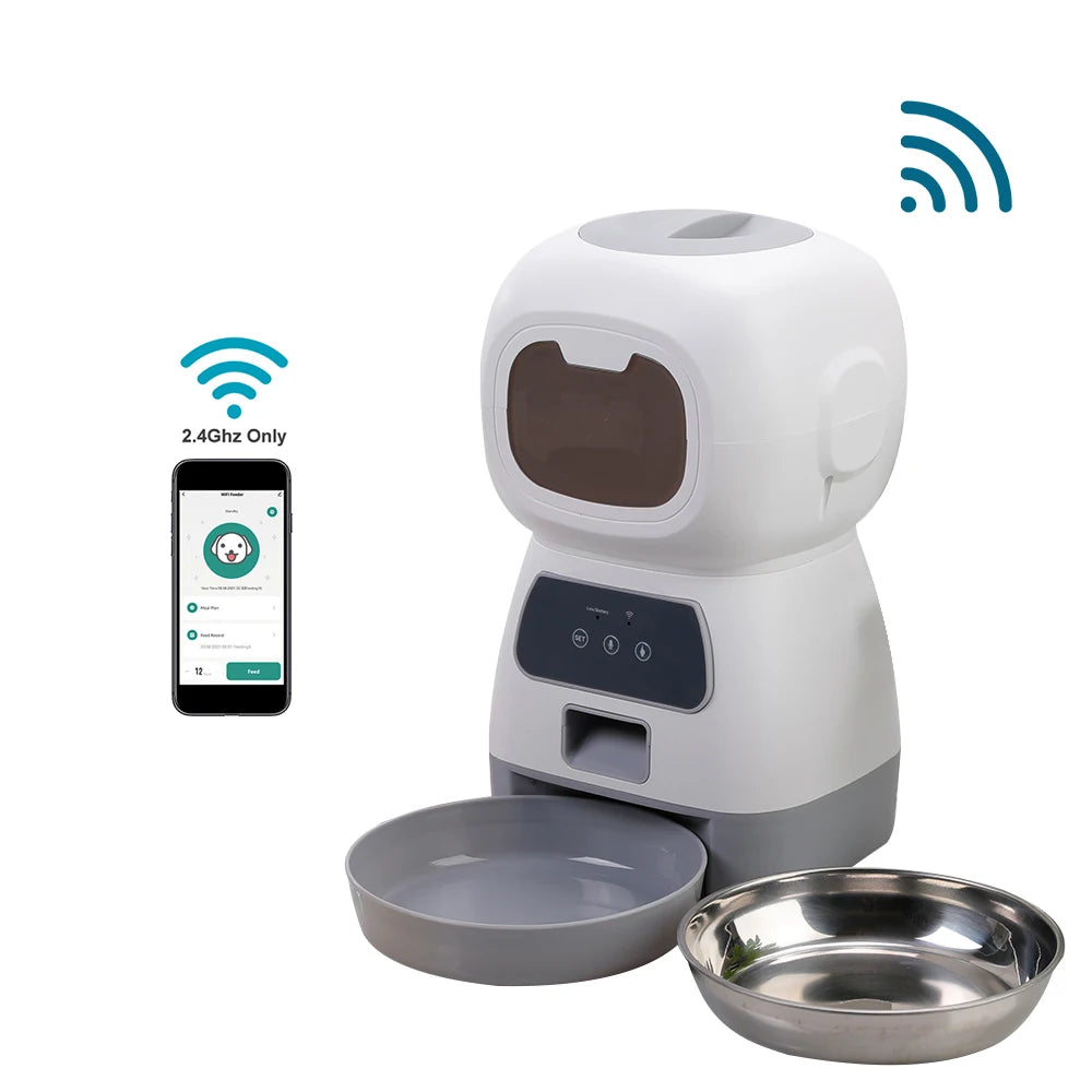 Smartphone Controlled Pet Feeder for Cats and Dogs with Voice Recorder and Large Capacity Timing Food Dispenser