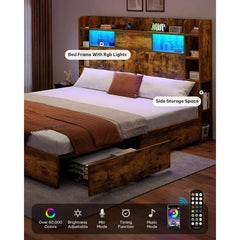 Queen Size Bookcase Headboard and 4 Drawers,RGB LED Bed Frame with USB Charging Station Storage