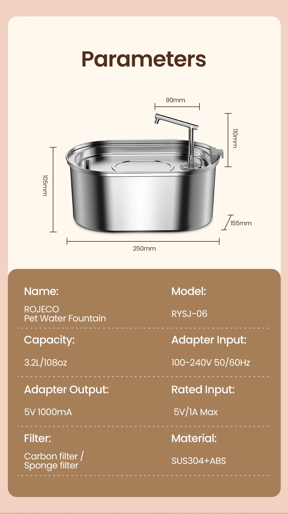 Stainless Steel Anti-Bacterial Water Fountain for Cats and Dogs