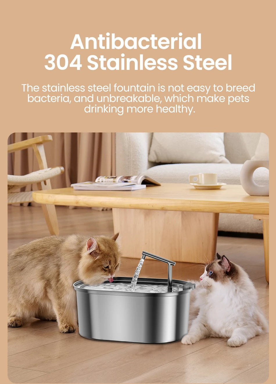 Stainless Steel Anti-Bacterial Water Fountain for Cats and Dogs