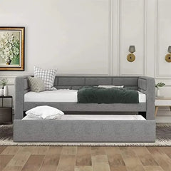 Trundle Twin Daybed Frame with Padded Back No Box Spring Needed (Gray)