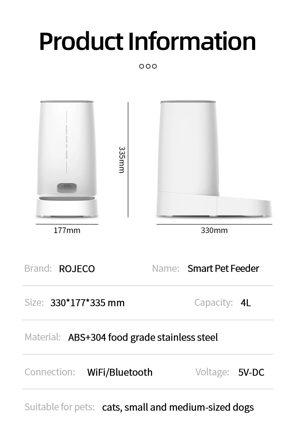 Smartphone Controlled Pet Feeder for Cats and Dogs with Large Capacity Timing Food Dispenser