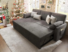 Storage Chaise for Living Room, Sofa Sleeper with Pull Out Bed, Grey Linen Couch